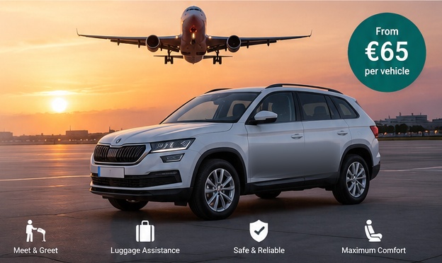 Airport transfer with aircraft and white SUV